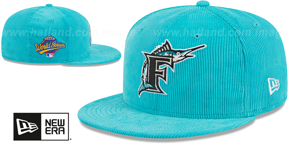 Marlins 'OLD SCHOOL CORDUROY SIDE-PATCH' Teal Fitted Hat by New Era
